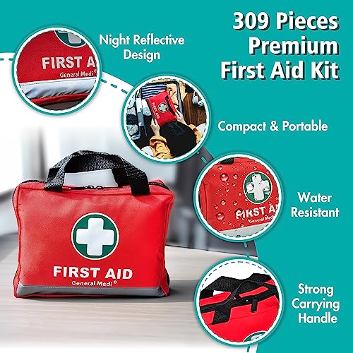 General Medi First Aid Kit -309 Pieces- Reflective Bag Design - Including Bandages, Moleskin Pad and Emergency Blanket for...