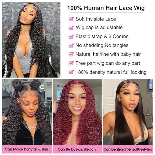 Water Wave Lace Front Wigs Human Hair Glueless Wigs for Women 180% Density 13x6 Lace Front Wigs Human Hair Pre Plucked Wet and Wavy Wigs Human Hair Natural Color 20 Inch