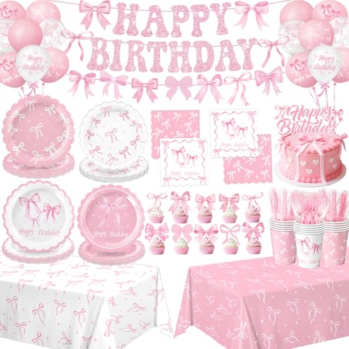 Pink Bow Birthday Decorations Include Plates, Napkins, Cups, Cutlery, Banner, Hanging Swirls, Cake & Cupcake Toppers, Ball...