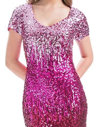 MANER Women's Sequin Glitter Short Sleeve Dress Sexy V Neck Mini Party Club Bodycon Dresses