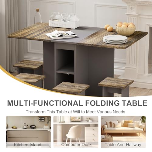 BAYYELL 5-Piece Folding Extendable Dining Table Set for 4, Drop Leaf Dining Table with 4 Stools, Storage and 6 Wheels, Kit...