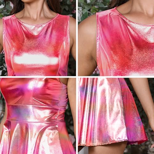 techcity Women's Metallic Shiny Dress Sparkle Flared Pleated Mini Dress with Glasses Club Party Disco Dance Costume