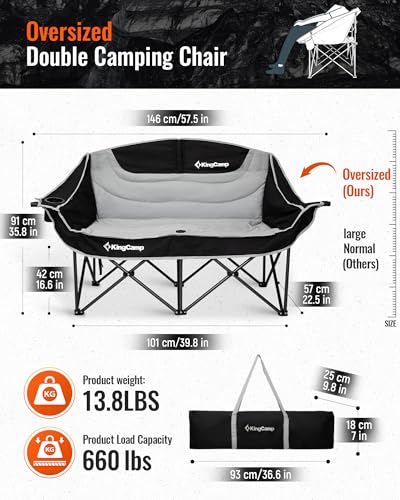 KingCamp Double Camping Chair, Oversized 660lbs Heavy Duty Loveseat for Adults Portable Folding XL 2 Person Couch Padded C...