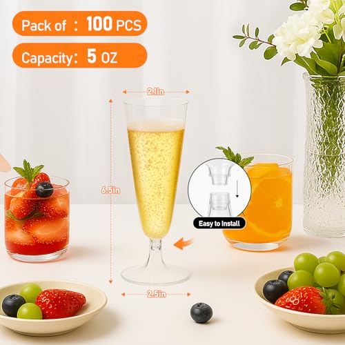 100 Pack Clear Plastic Champagne Flutes, 5 Oz Disposable Champagne Glasses, Unbreakable Acrylic Mimosa Glasses Wedding Coc...
