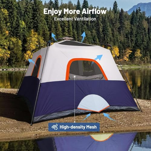 Toogh 3/4 Person Camping Tent with 1 Door, 4 Windows, and Upgraded Ventilation– Instant Setup, Waterproof, 8'x 8'x 67''Oxf...