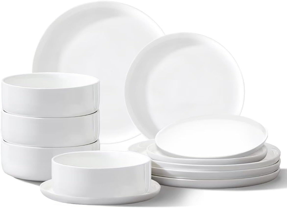 Plates and Bowls Sets,12 Pieces Porcelain Dinnerware Sets, White Ceramic Dishes Set for 4, Dishware Sets, Microwave and Dishwasher Safe, Scratch Resistant, Dining Ware Service for 4