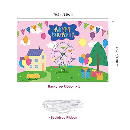Happy Birthday Backdrop Colorful Cartoon House Sky Flag Car Photography Background Cartoon Pink Pig Theme Banner for Baby ...