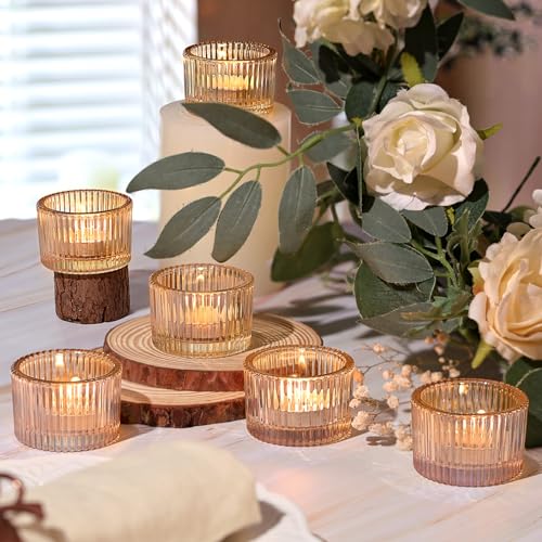 HAVITI 24 pcs Tealight Gold Candle Holders, Votive Tea Light Candle Holder Glass for Gold Centerpieces Fall Wedding Table ...