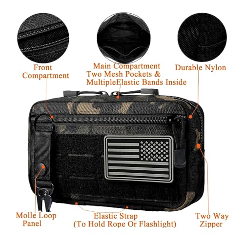 Tactical MOLLE Admin Pouch - Laser-Cut EDC Tool Bag, Horizontal Modular Organizer w/American Flag Patch & Keychain