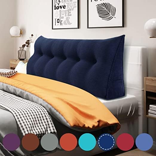 Wedge Headboard Pillow Dorm Room Reading Pillow Back Support for Sitting Up in Bed Bolster Lumbar Cushion Body Positioning Bedrest Corduroy (Navy Blue, Queen (59 * 8 * 20in))