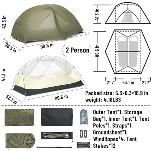Naturehike 2025 Mongar Pro Camping Tent, 1-3 Person Ultralight Backpacking Tent, 20D Nylon 3 Season Waterproof Mongar 2 Pe...
