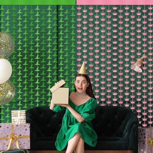 2 Pack Witch Party Decorations Banner Foil Fringe Curtains Princess Crown Photo Booth Prop Supplies Pink and Green Backdro...