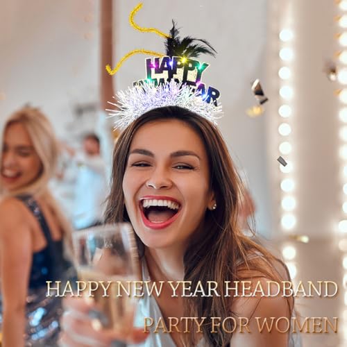 Abien Light Up Happy New Year Headbands Glitter Beer Hairband LED Hat Feather Headhoop New Year Party for Women
