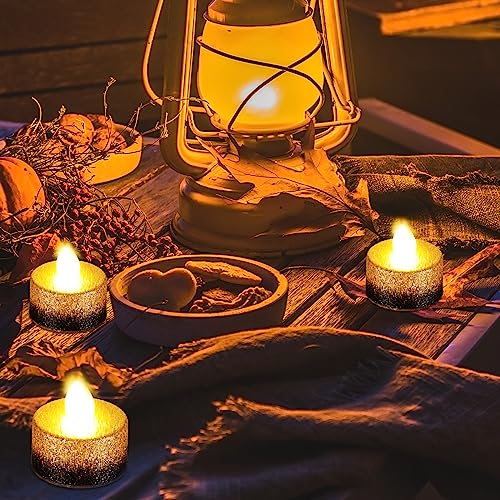 Retisee 48 Pcs Flameless LED Tea Lights Gold Black Glitter Electric Fake Candles for Centerpieces Battery Operated Anniver...