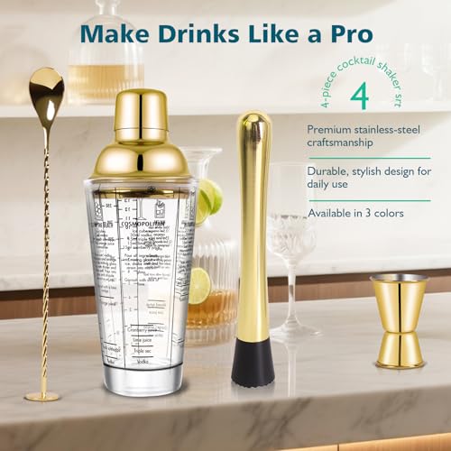 SAVORLIVING 14oz Glass Cocktail Shaker Set, 4PCS Bartender Kit, Martini Mixer Shaker with Built-in Strainer, Mixing Spoon,...