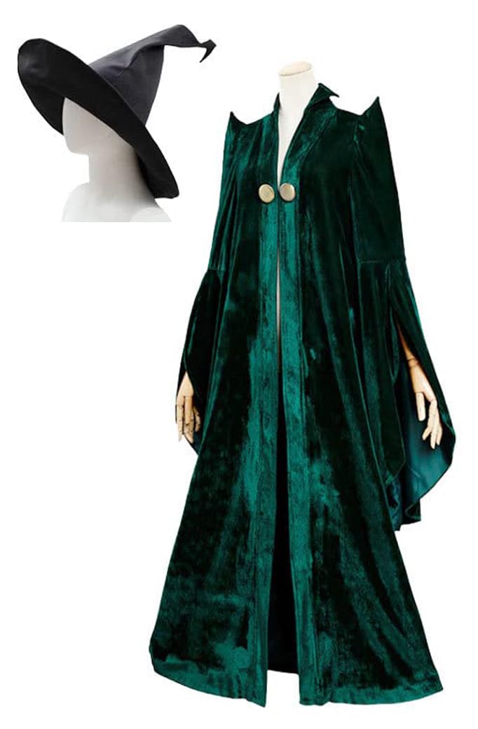 Howenlthy Womens Professor Mcgonagall Costume Green Robe Wizard Cloak Cap Glasses Suit Witch Cosplay Halloween Outfit (Green Full Set, Large)