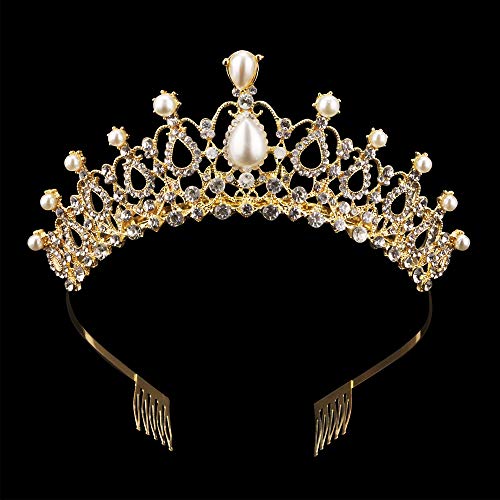 Sppry Women Tiara with Comb - Pearl Crystal Crown for Bridal Queen Princess Girls at Wedding Birthday Pageant (Gold)