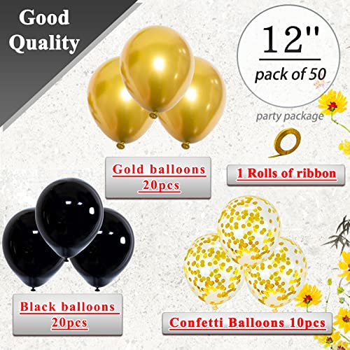 Black Gold Confetti Balloons 50 Pack 12 inch Black and Gold Metallic Latex Balloons with 1 Rolls of Ribbon for Birthday Gr...