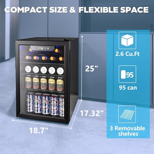 Electactic 26 Bottle Wine Cooler, 95 Cans Beverage Refrigerator, 2.6 cu.ft Drink Fridge Digital Temperature Control for Be...
