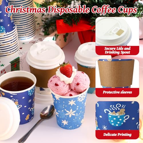 Cunhill 100 Sets 9oz Christmas Disposable Coffee Cups with Lids & Sleeves, Bulk Paper Christmas Coffee Cups for Hot Chocol...