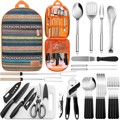 Portable Camping Kitchen Utensil Set-27 Piece Cookware Kit, Stainless Steel Outdoor Cooking and Grilling Utensil Organizer...