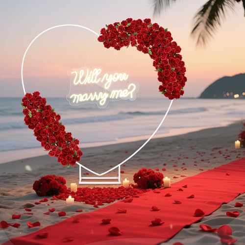 Breling 6.6ft Large Metal Heart Arch Stand and Will You Marry Me LED Neon Light Sign Backdrop for Outdoor Proposal Wedding...