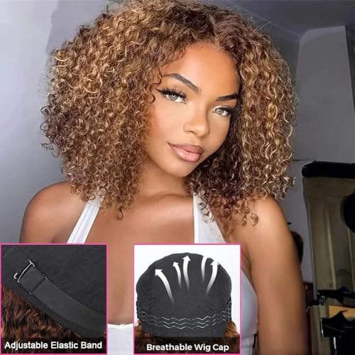 16 inch Wear and Go Glueless Wig Ombre Highlight 4/27 Kinkycurly Wigs Pre Cut Transparent Lace Wig human hair Pre Plucked,Natural Hairline for Women 200% Density