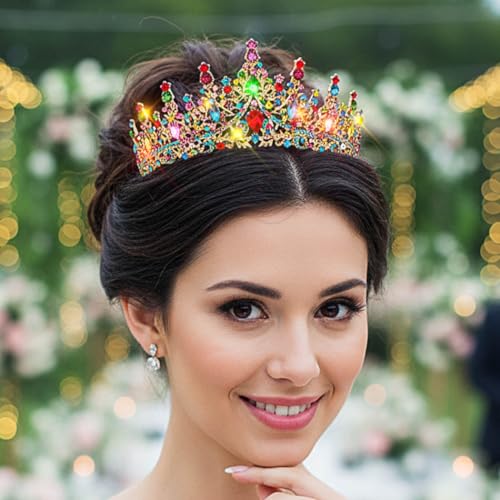 Urieo Light Up Crystal Crown Colorful Rhinestone Tiara Headbands Carnival Princess Prom Halloween Hair Accessories for Women