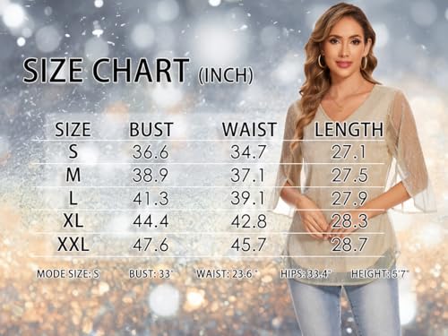 BILIKE JOMEX Women's 3/4 Sleeve Glitter Blouses Dressy Sparkly Double Layers Mesh Tops