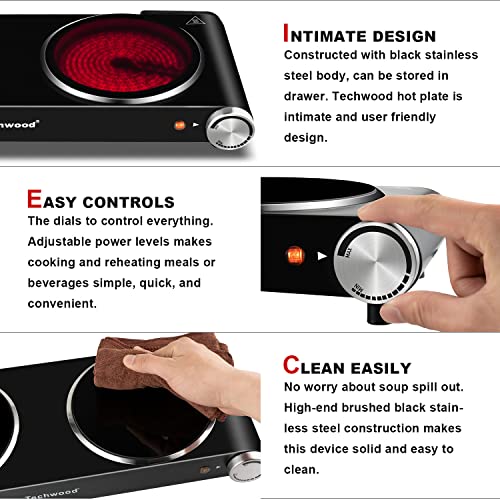Hot Plate, Techwood 1800W Dual Electric Stove, Countertop Stove Double Burner for Cooking, Infrared Ceramic Hot Plates Dou...