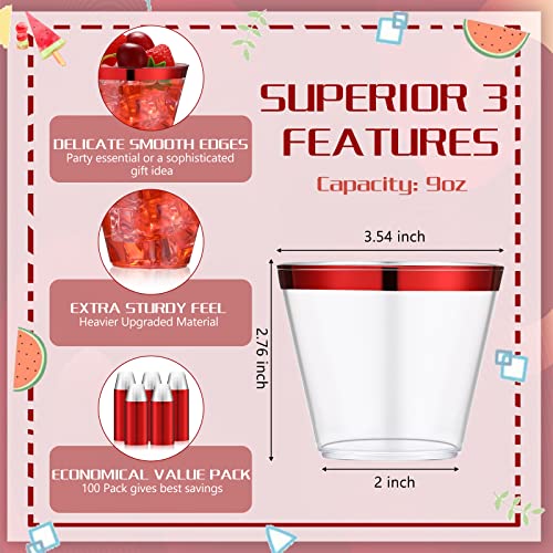 Lounsweer 100 Pcs 9oz Rimmed Plastic Cups Christmas Clear Cocktail Cups Heavy Duty Disposable Wine Glasses for Birthday Br...