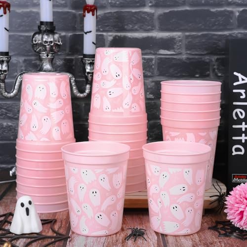 JarThenaAMCS 24 Pcs Halloween Ghost Plastic Cups Pink Cute Ghost Boo Reusable Cups Trick or Treat Party Drinkware Supplies...