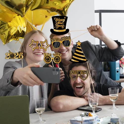 Happy New Years Banner Photo Booth Props 2026 Kits- New Years Decorations Party Suplies Decor Funny Cute Holiday Selfie Su...