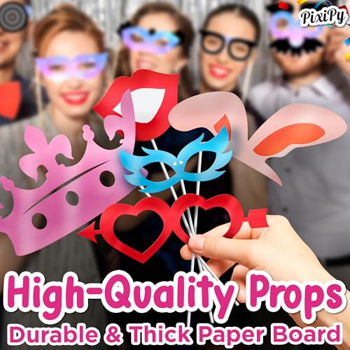 Photo Booth Props - 66 Piece Multicolor Kit - Fun Selfie Party Accessories - Mustaches, Hats, Lips & More - by PixiPy