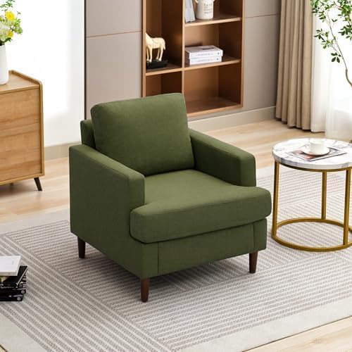 Weture Mid-Century Accent Chair, Comfy Upholstered Reading Accent Chairs for Bedroom, Modern Linen Fabric Armchair for Living Room, Single Sofa Chair with Wood Legs (Green, 2 Pack)