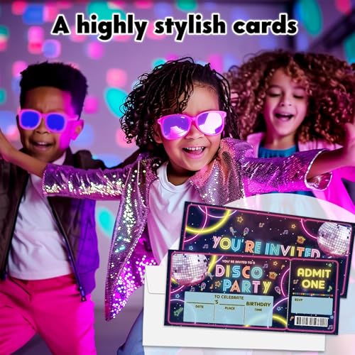 ZARYFANCHY Disco Birthday Party Invitations, Neon Dance Party Invites VIP Tickets, 20 Count Invite Cards With Envelopes, B...