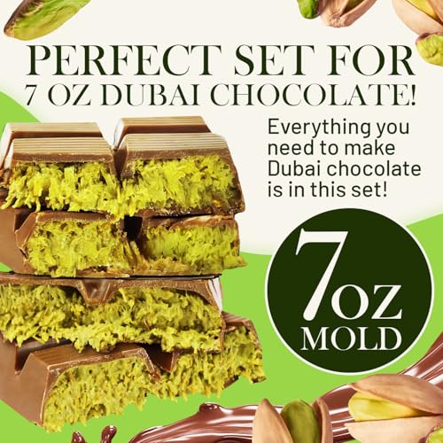 Dubai Chocolate Bar DIY Kit – Includes Mold, 12.3 oz Melting Wafers, 3.5 oz Kataifi, 7 oz Pistachio Spread – Gift Kit for ...