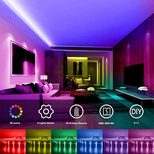 DAYBETTER SMD 5050 Remote Control Led Strip Lights 20ft, RGB Color Changing Led Strip with Remote Control for Room, Bedroo...