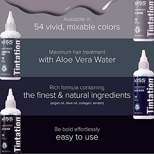 Red by Kiss Tintation Semi-Permanent Hair Color, Aloe Vera Water Based, Argan Oil, Olive Oil, Collagen & Keratin, Long-Lasting Color Dye (Jet Black, 5 Fl Oz)