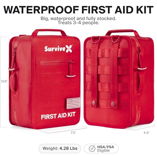 SurviveX Large Waterproof First Aid Kit for Car, Travel & Home - Emergency Kit for Hiking, Camping, Backpacking and Outdoo...