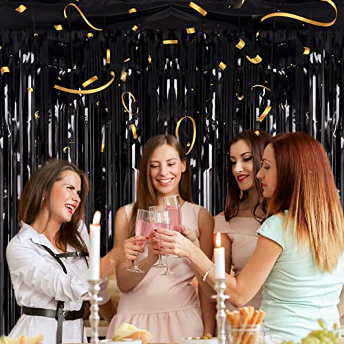 2 Pack 3.2ft x 8.2ft Black Tinsel Foil Fringe Curtains, Metallic Foil Tinsel Photo Booth Backdrop Streamer for New Years D...