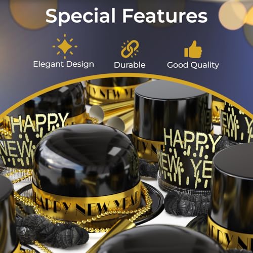 Crown Display New Years Eve Party Supplies 2026 I 250 Pcs I Black and Gold Top Hats Tiaras Bead Necklace Noise Makers I 20...