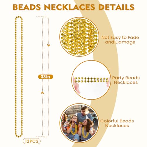 SHAOQINLIN 12 PCS Gold Bead Necklace, Mardi Gras Beads Christmas Necklaces 33" Metallic Beaded Costume Party Necklaces for...