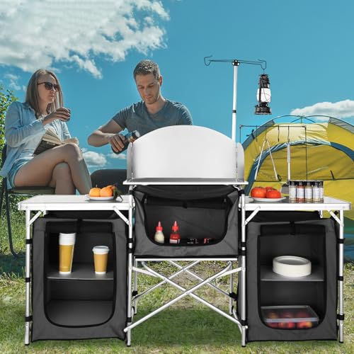 VEVOR Camping Kitchen Table, Folding Outdoor Cooking Table with Storage Carrying Bag, Aluminum Cook Station 3 Cupboard & D...