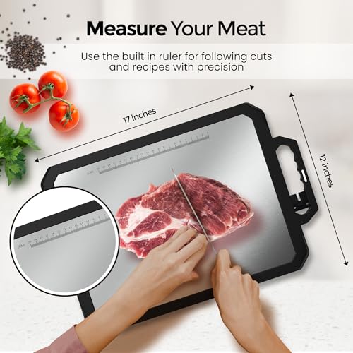Double-sided Stainless steel cutting board with knife sharpener & stand -17x12" Stainless steel cutting boards for kitchen...