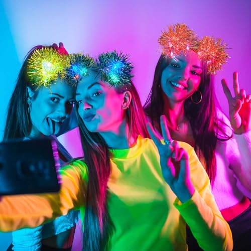 Juexica 16 Pcs Light up Cat Ears Headband with Color Change LED Cat Headband Rave Hair Accessories for New Year Party(Vivi...