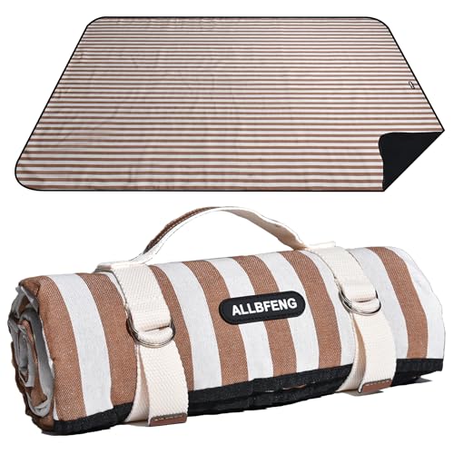 Striped Picnic Blanket Waterproof & Sand Proof, 5-Layer Beach Blanket Portable with Carry Strap, Extra Large Foldable Picn...