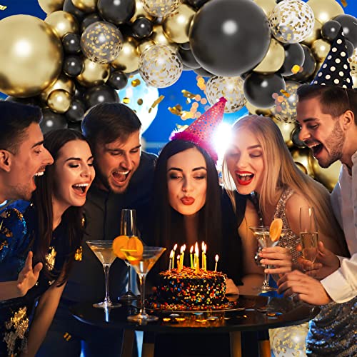 RUBFAC 130pcs Black and Gold Balloons, Black Metal Gold and Metallic Confetti Gold Balloons for 2026 New Year Graduation C...