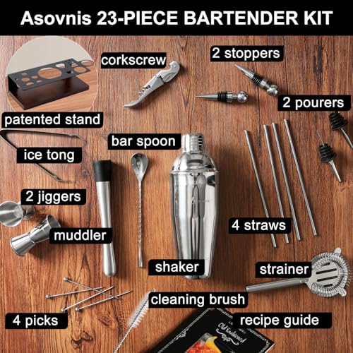 ASOVNIS 23-Piece Bartender Kit, Cocktail Shaker Set with Stand | Bar Drink Mixer Set with All Essential Bar Tools: Martini...