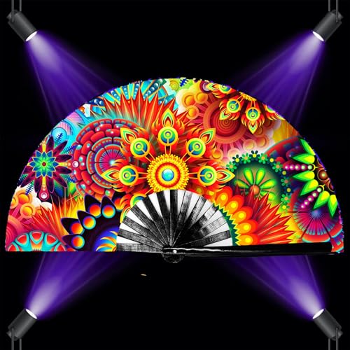 YKuzLx 13‘’ UV Glow Large Rave Fan for Men Women, Decorative Folding Hand Fan for Party, Home Decoration, Gift, Music Fest...